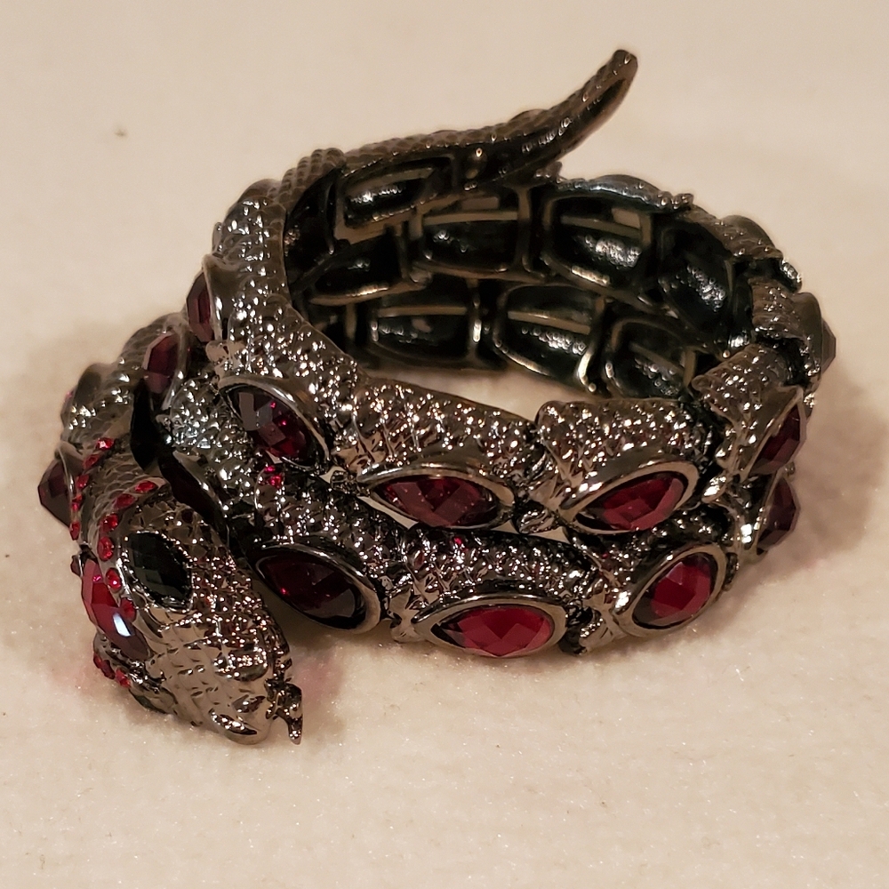 Elegant Silver and Red Snake Bracelet